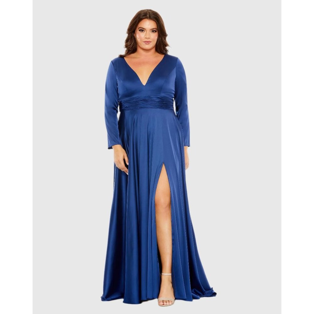 Elegant Mac Duggal  Plus Size Banded A-Line Gown with Long Sleeves & Slit